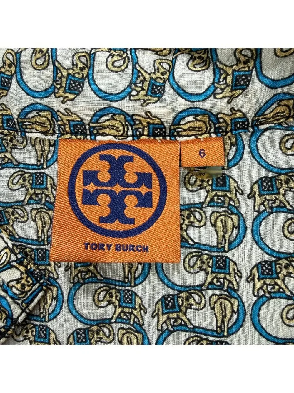 Tory Burch Top Womens 6 Beige Tunic Elephant Print Long Sleeve Blouse Shirt
